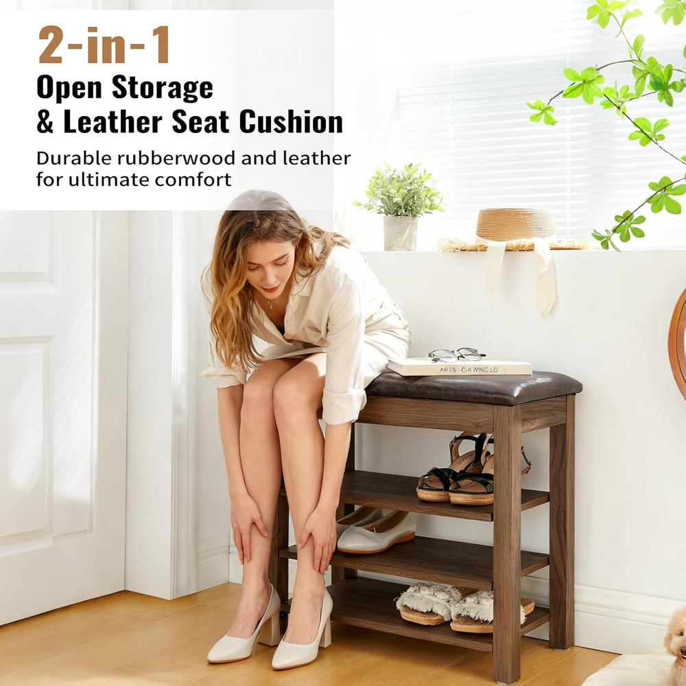 24" Short Entryway Shoe Storage Bench with Cushion, Height Adjustable 3-...