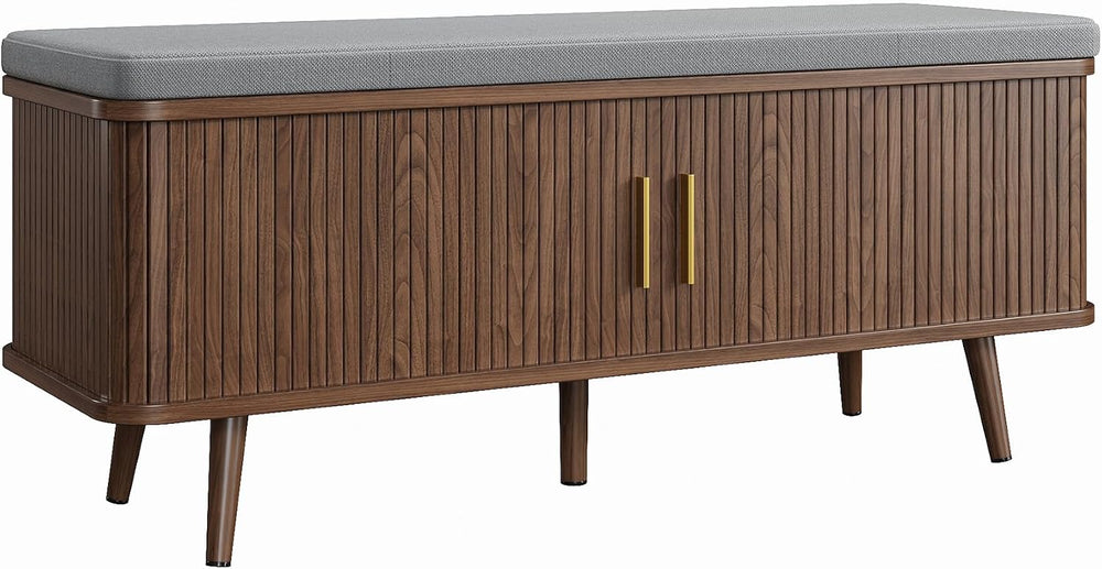 Decofy Shoe Storage Bench with Cushion and Sliding Doors, 47.2 Inch Shoe Benc...