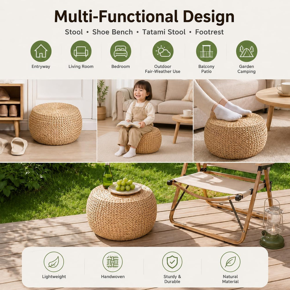 Small Straw Pouf Ottoman, Low Natural Footrest, Dia: 12.2" | Natural, Ec...