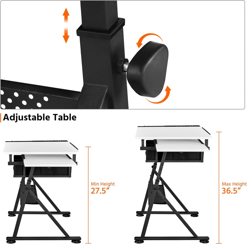 Yaheetech Adjustable Drafting Table Art Desk,Storage Drawers & Stool,Whit...