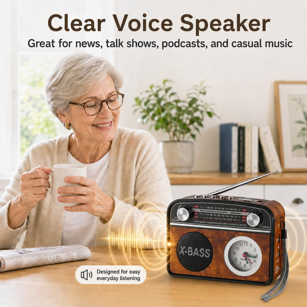 Portable AM/FM Radio with Bluetooth, Vintage Style Emergency Radio with Clock...