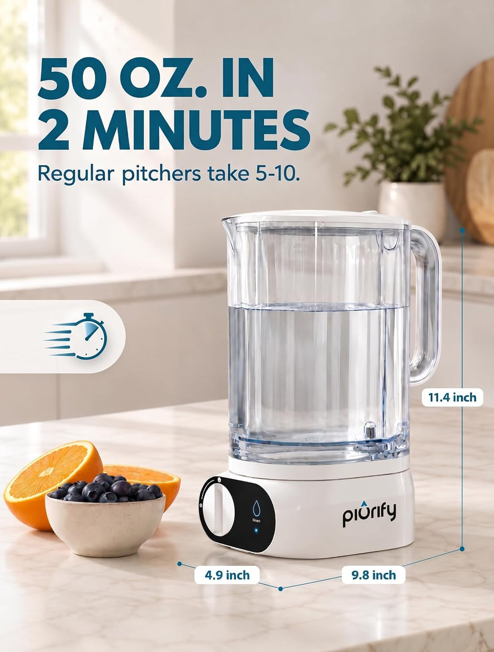 PIURIFY Compact Electric Water Filter Pitcher | Filters 50 oz in 2-Min