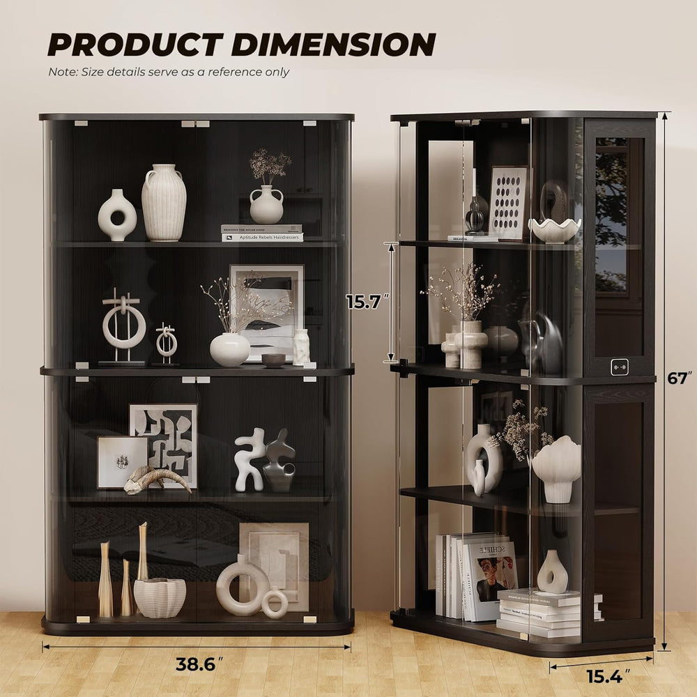 BROTTAR Large Rounded Display Cabinet with Glass Door & Lights, Black
