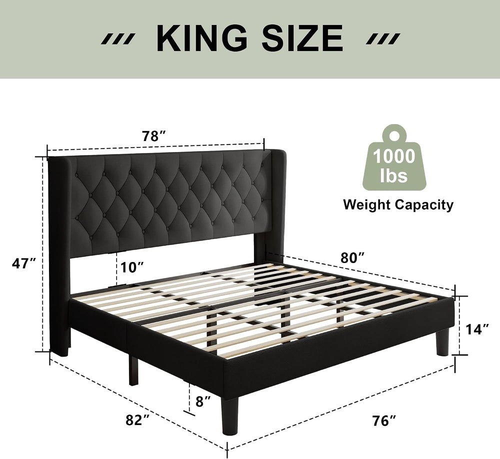 Feonase King Size Bed Frame with Wingback Tufted Headboard, Upholstered Platf...