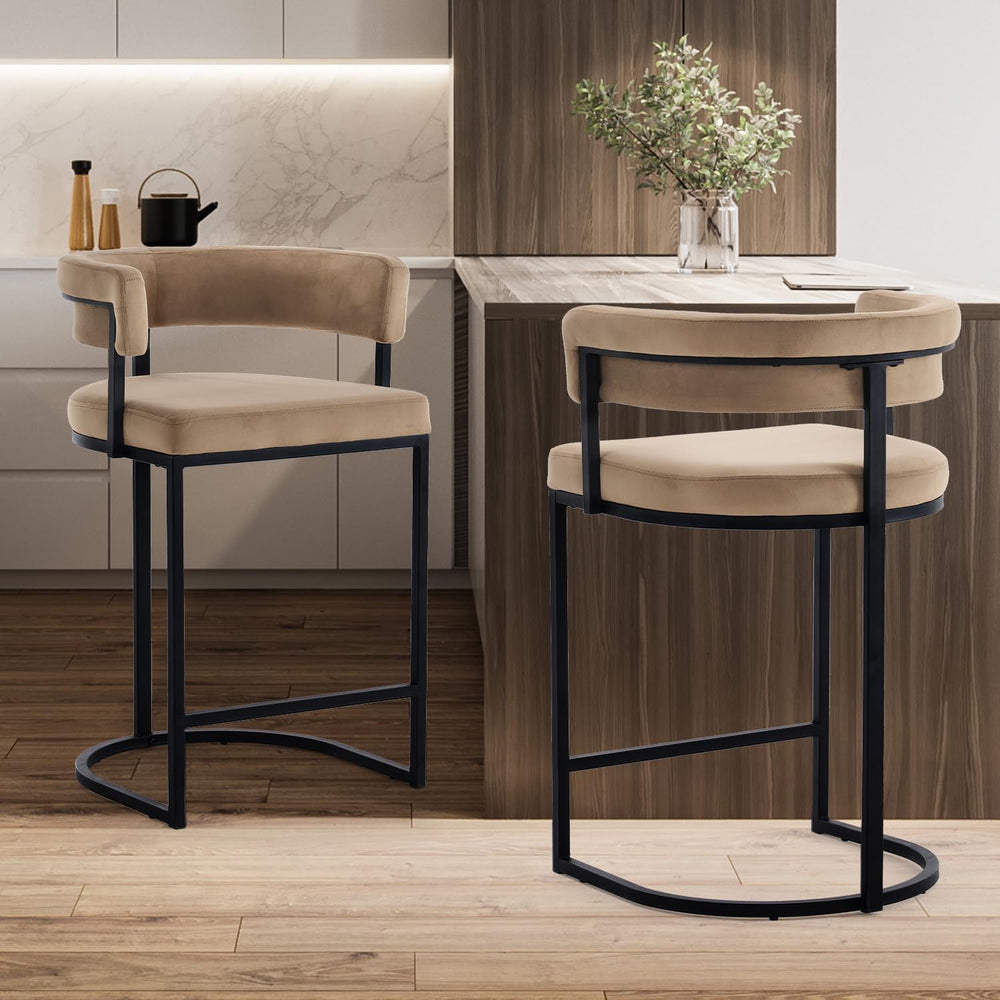 Modern Barrel Bar Stools Set of 2, 26" Counter Height Stools, Velvet Cou...