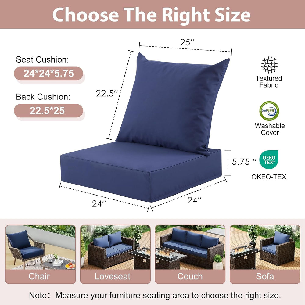 Outdoor Deep Seat Cushion Set, 24x24 Inch, Navy Blue, Set of 2