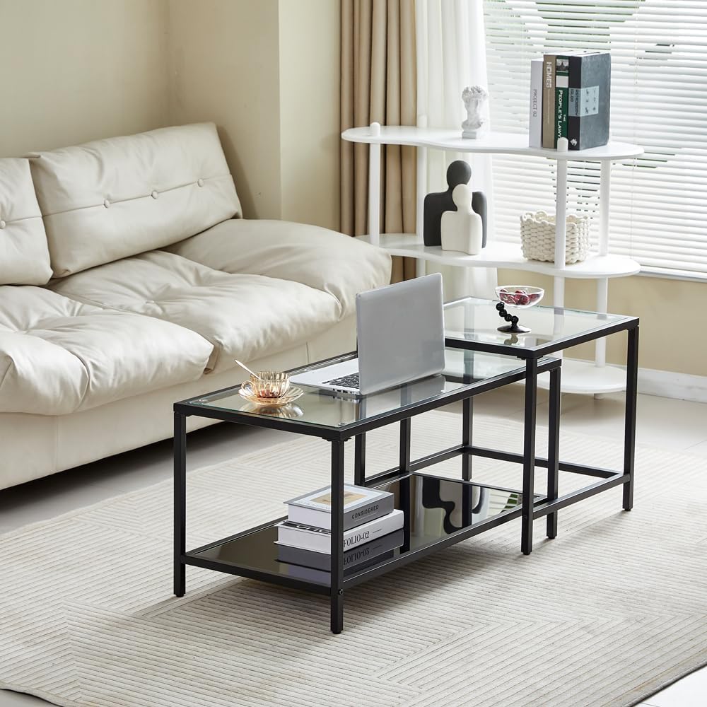 Coffee Table Nesting Set of 2, Center Coffee Table Set with Tempered Glass, M...
