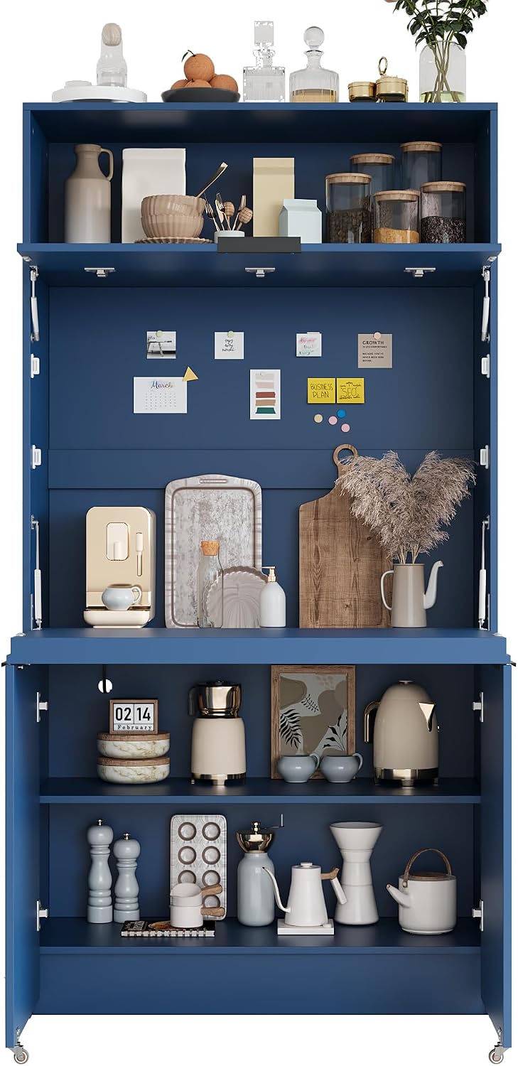 MERITLINE Compact Kitchen Pantry with Hutch and Foldable Workstation, Multifu...