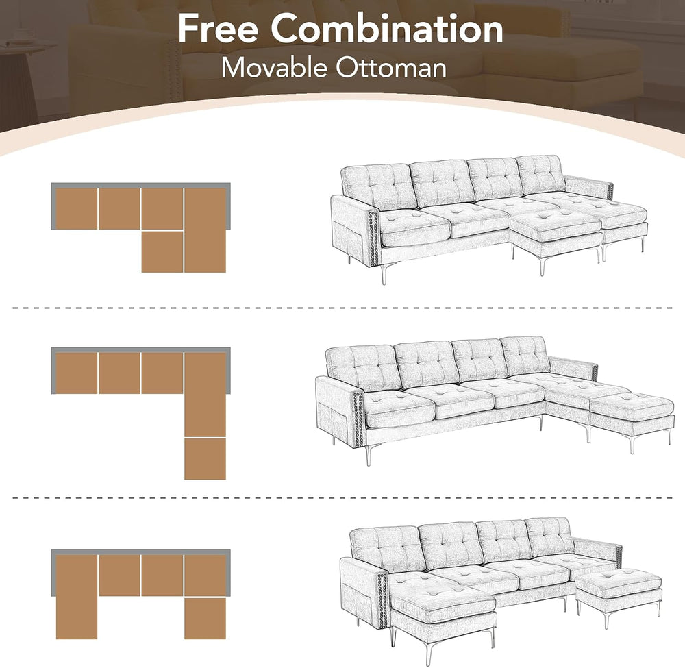 P PURLOVE Velvet Modern Large Sectional Sofa, U Shape Upholstered Couch with ...