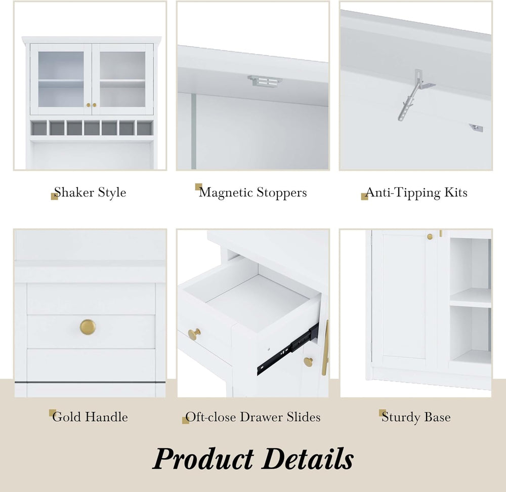 35” Wide Kitchen Hutch with Countertop, Farmhouse Pantry Cabinet with Microwa...