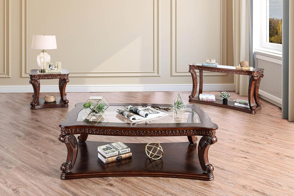 Style Coffee Table 5mm Tempered Glass Top Legs Carved Dark Oak End Table Not ...
