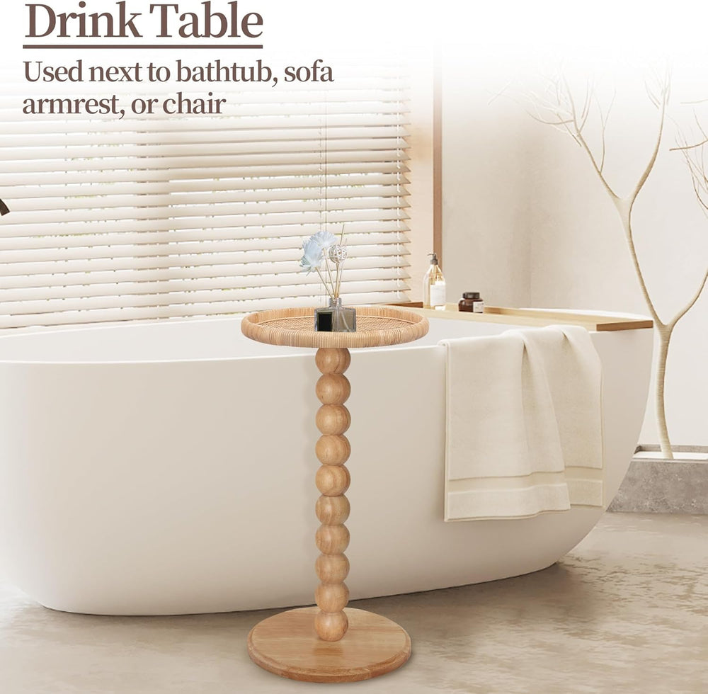 Drink Table, Boho Rattan Small Round Side Table for Small Spaces, Solid Wood ...
