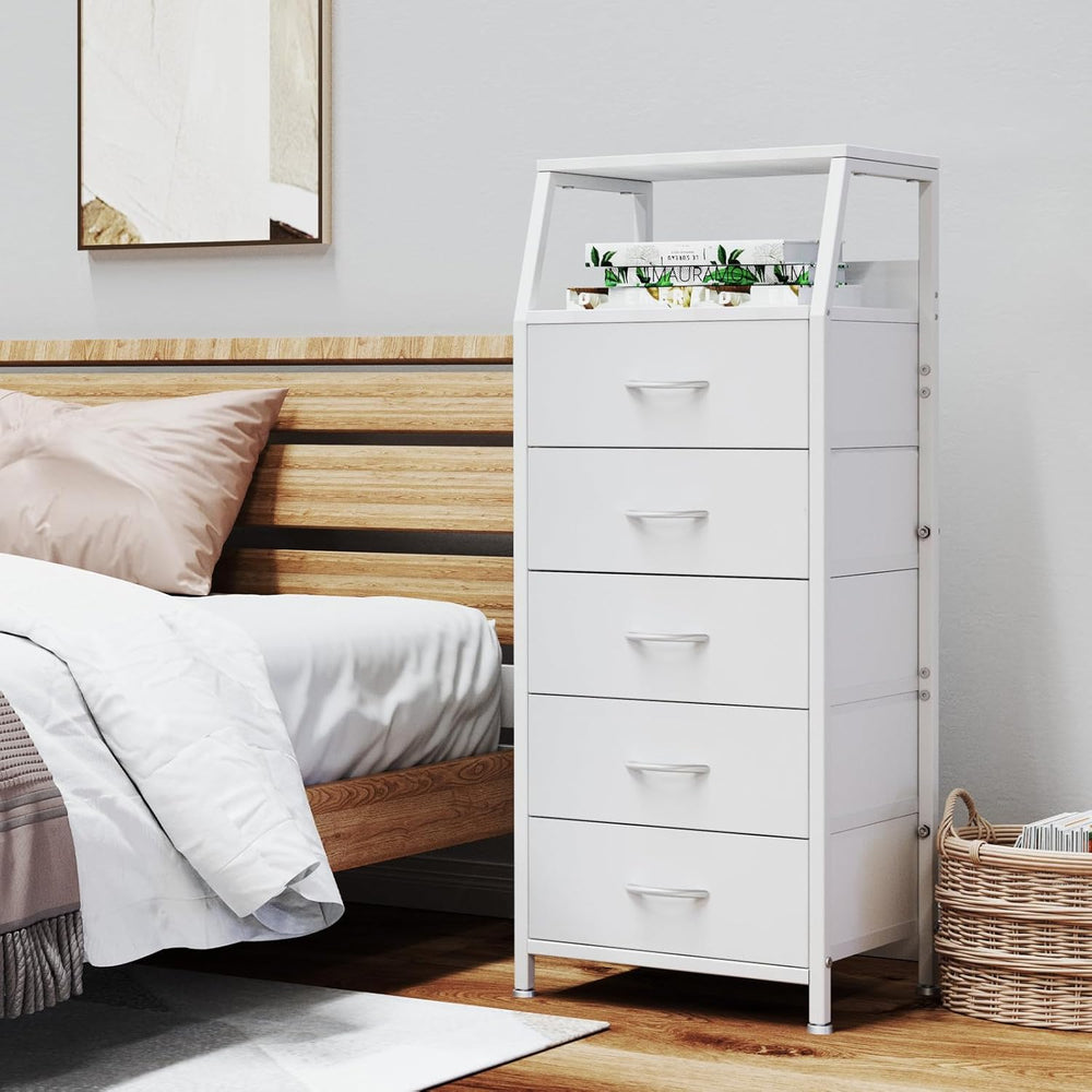 5 Drawers White Tall Fabric Dresser for Bedroom, Dorm Nightstand | Vertical S...