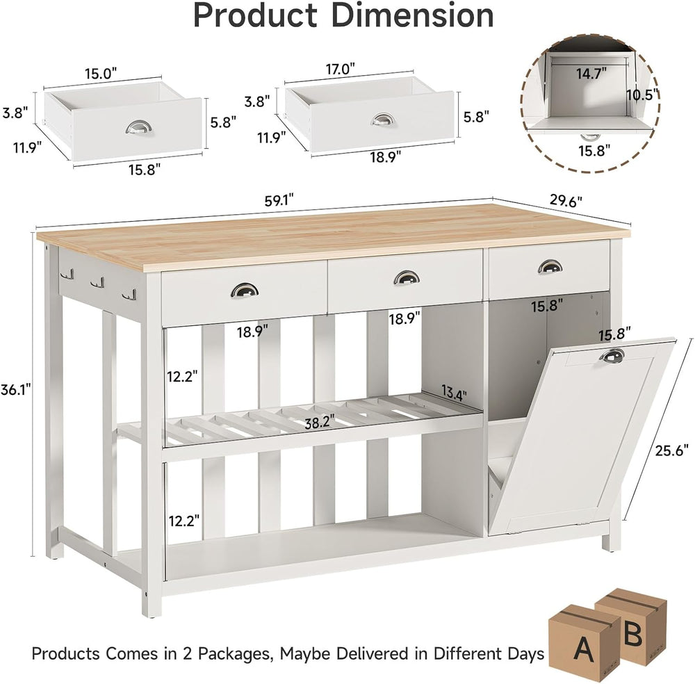 ONBRILL 59" Kitchen Island with Storage, Solid Rubberwood Tabletop | Isl...
