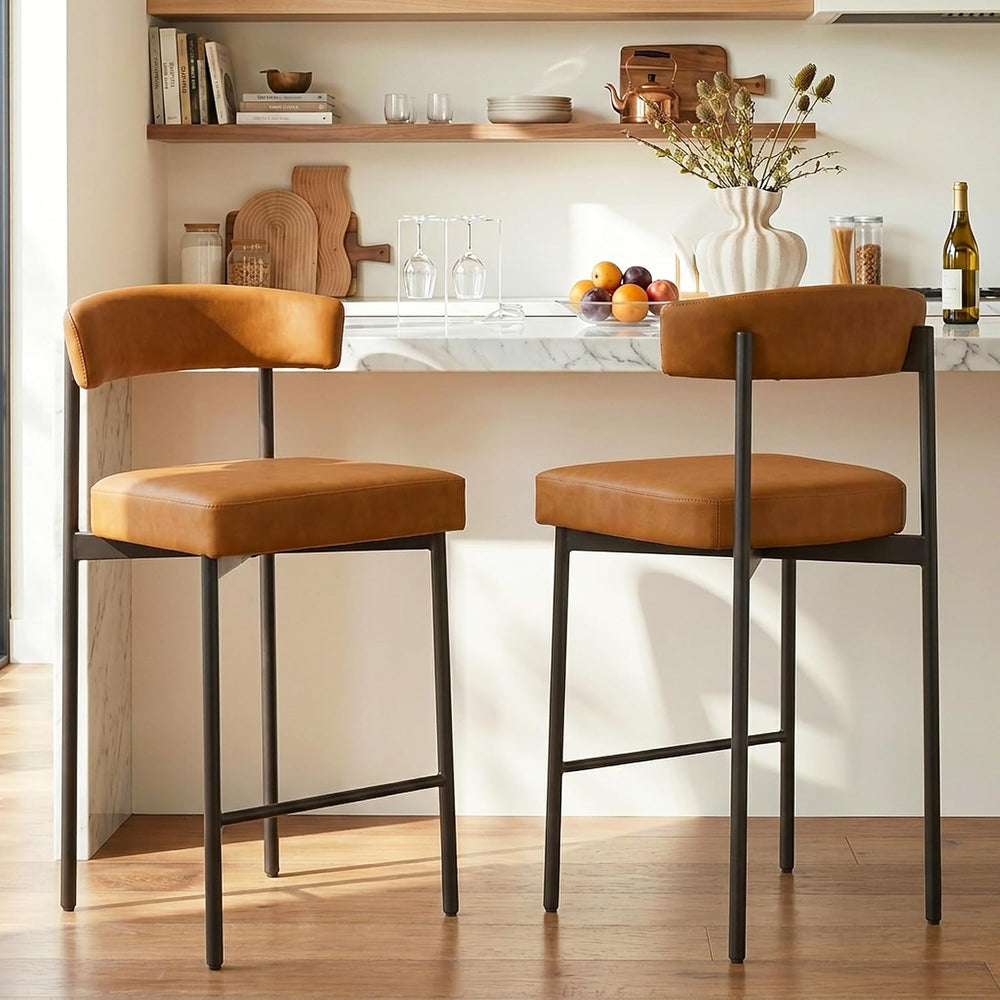 GrandNoor Brown Modern Bar Stools Set of 3, 24 Inch Faux Leather Counter Stoo...