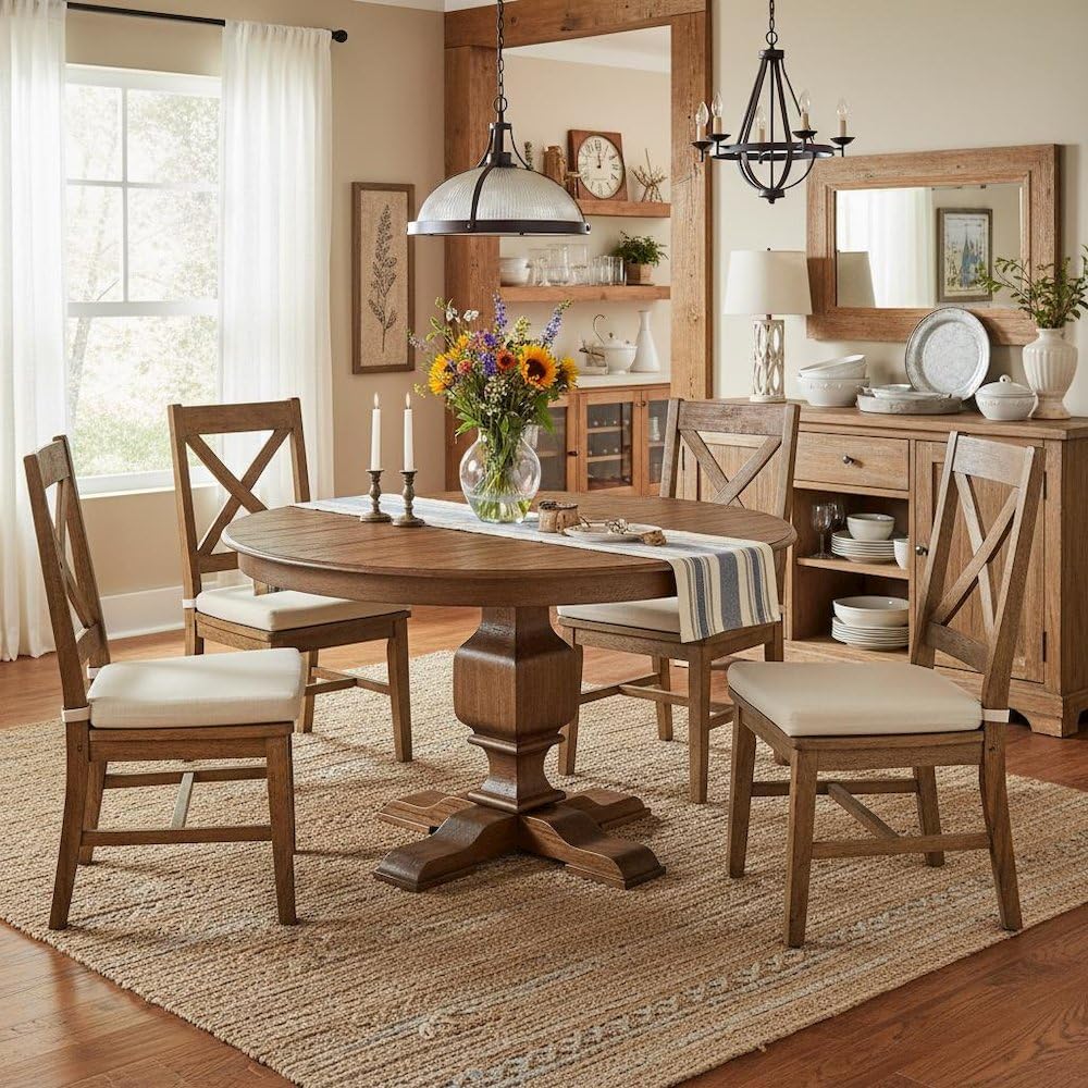 Furnifact Round Dining Table, Sandblasting Antique Walnut Wood Pedestal Table...