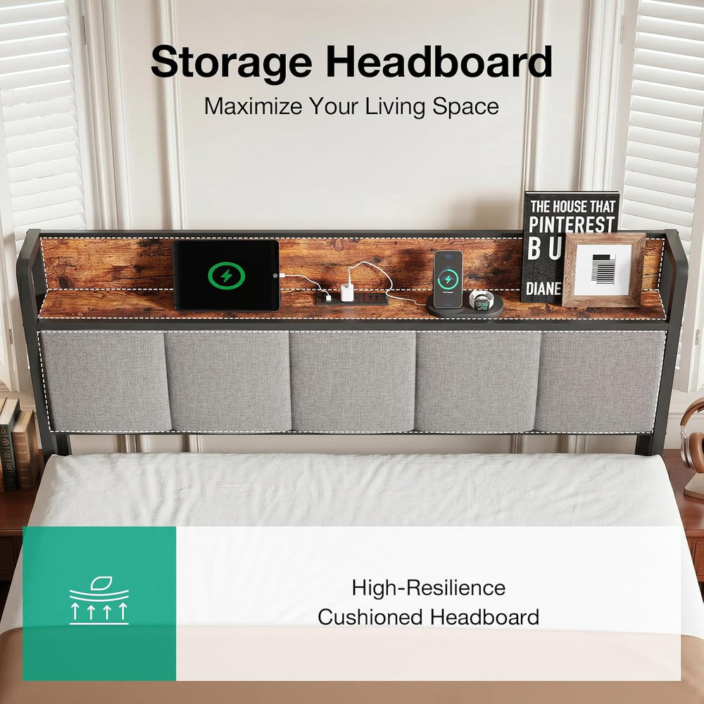 Novilla Queen Bed Frame with Charging Station & Storage Headboard, Modern...