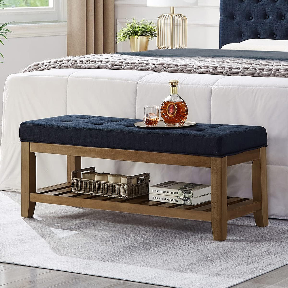 24KF Large Rectangular Upholstered Tufted Linen Fabric Ottoman Bench, Padded ...