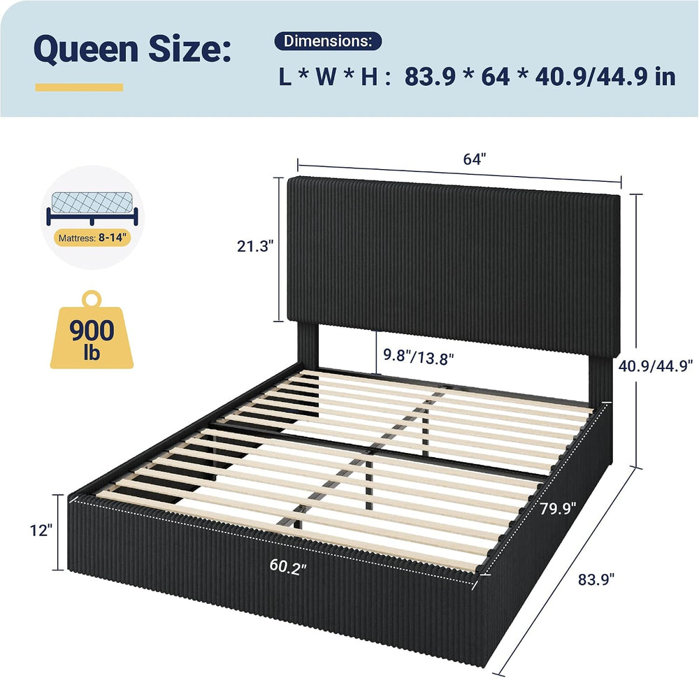 Allewie Queen Bed Frame, Adjustable Corduroy Headboard, Platform, Black