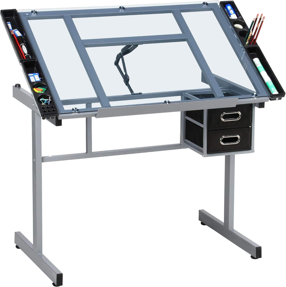 Yaheetech Glass Drafting Table with Storage, Adjustable Art Drawing Desk | Te...