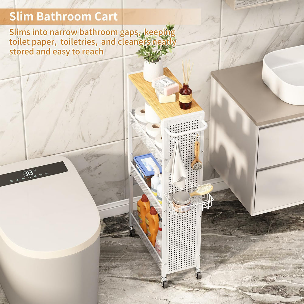 Slim Storage Rolling Cart: 4-Tier Narrow Metal & Wood Utility Cart with W...