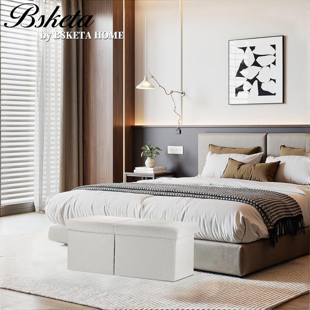 Bsketa Storage Ottoman Bench, 34" Folding Velvet Foot Rest Stool, White ...