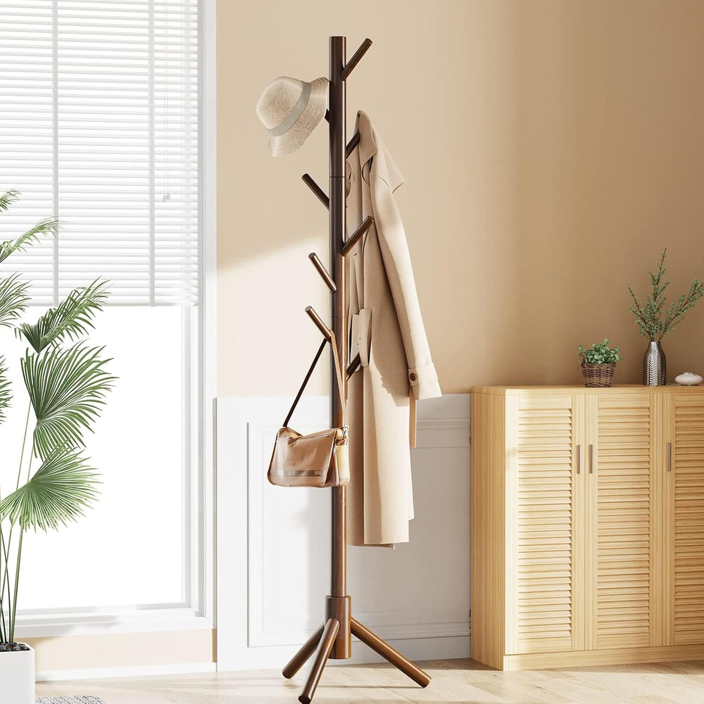 Pipishell Solid Wooden Coat Rack Freestanding with 8 Hooks, Brown