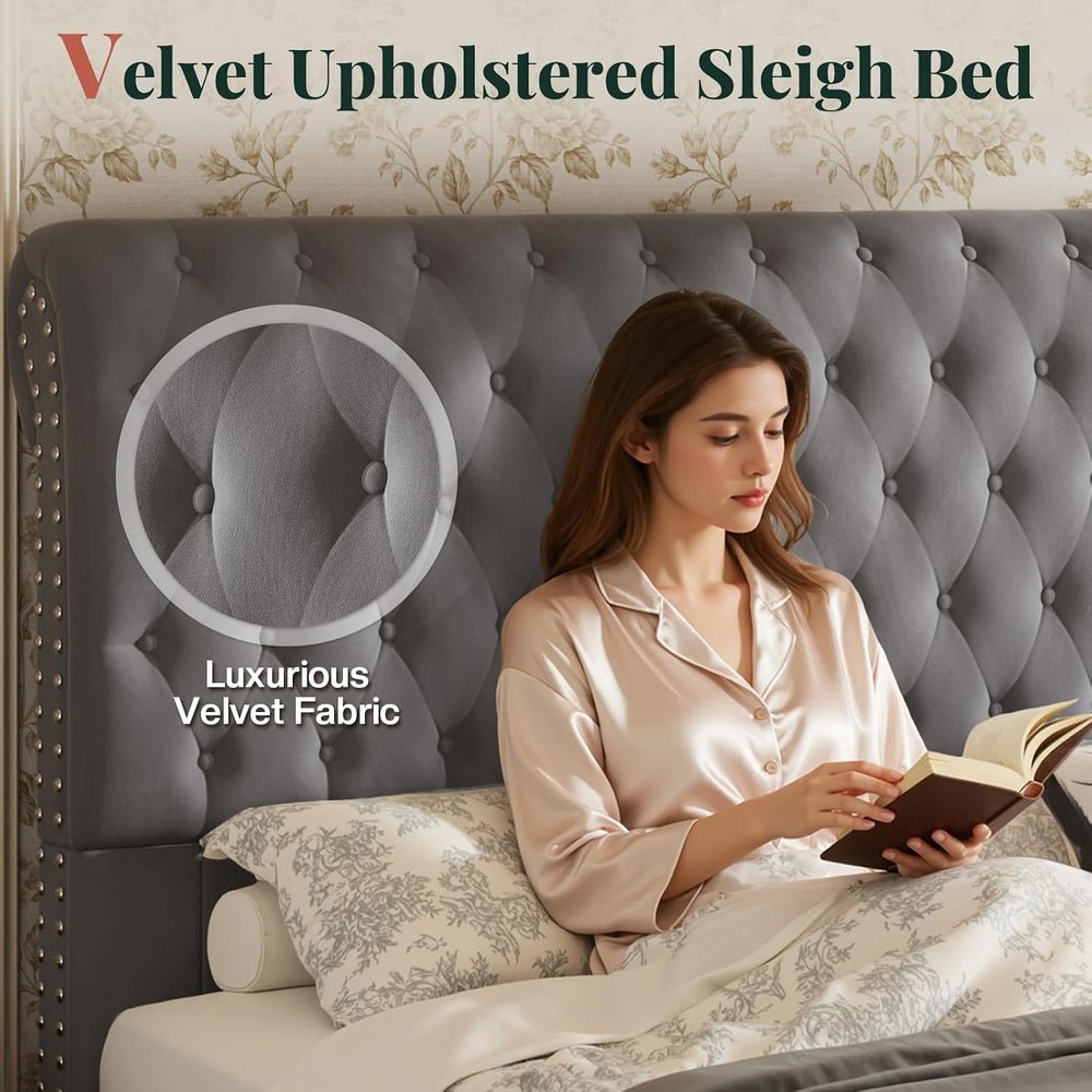 Jocisland Queen Bed Frame 52.8" Sleigh Headboard,Velvet Upholstered, Gray