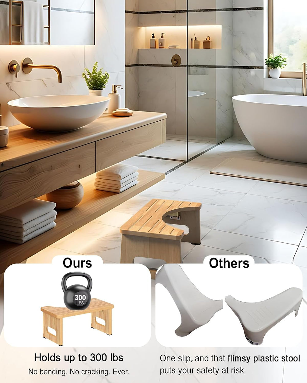 Foldable Toilet Stool, 7 Inch Poop Stool for Bathroom, Bamboo Toilet Potty Sq...