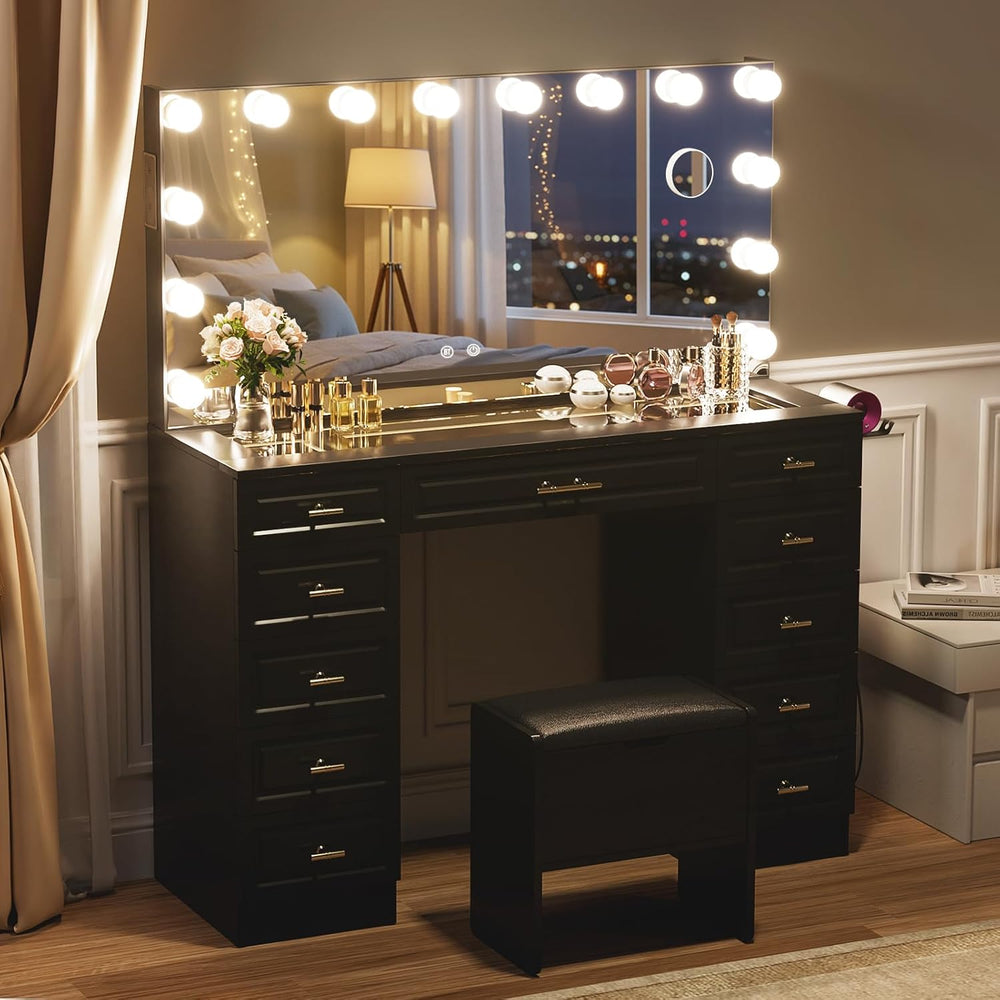 VOWNER Vanity with Lighted Mirror, Makeup Vanity Desk w/Bluetooth Speaker | G...