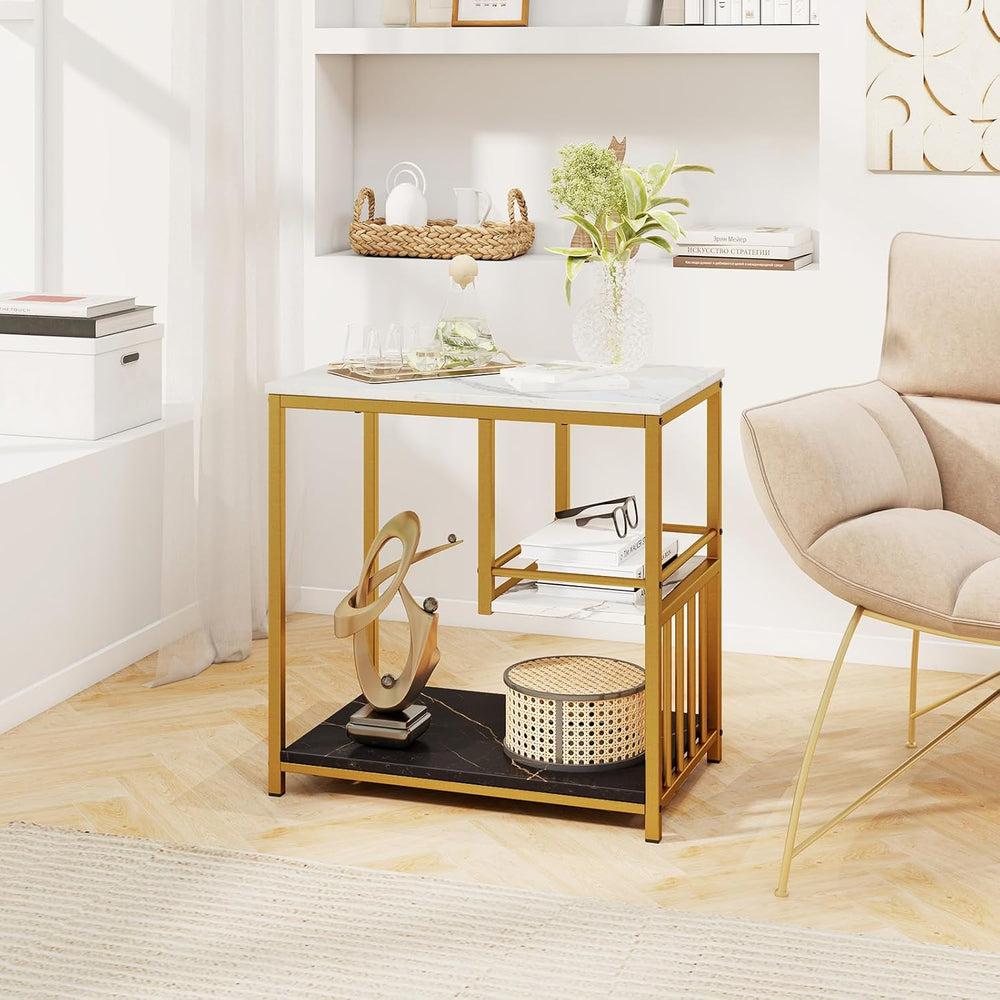 GOFLAME Faux Marble End Table, 3-Tier Sofa Side Table with Storage Shelves, G...