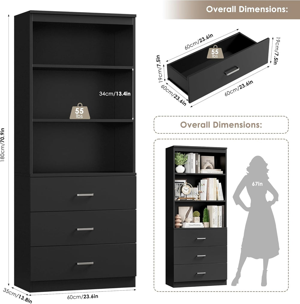 FOTOSOK 71" Black Bookshelf with 3 Drawers, Tall Bookshelf and Bookcase