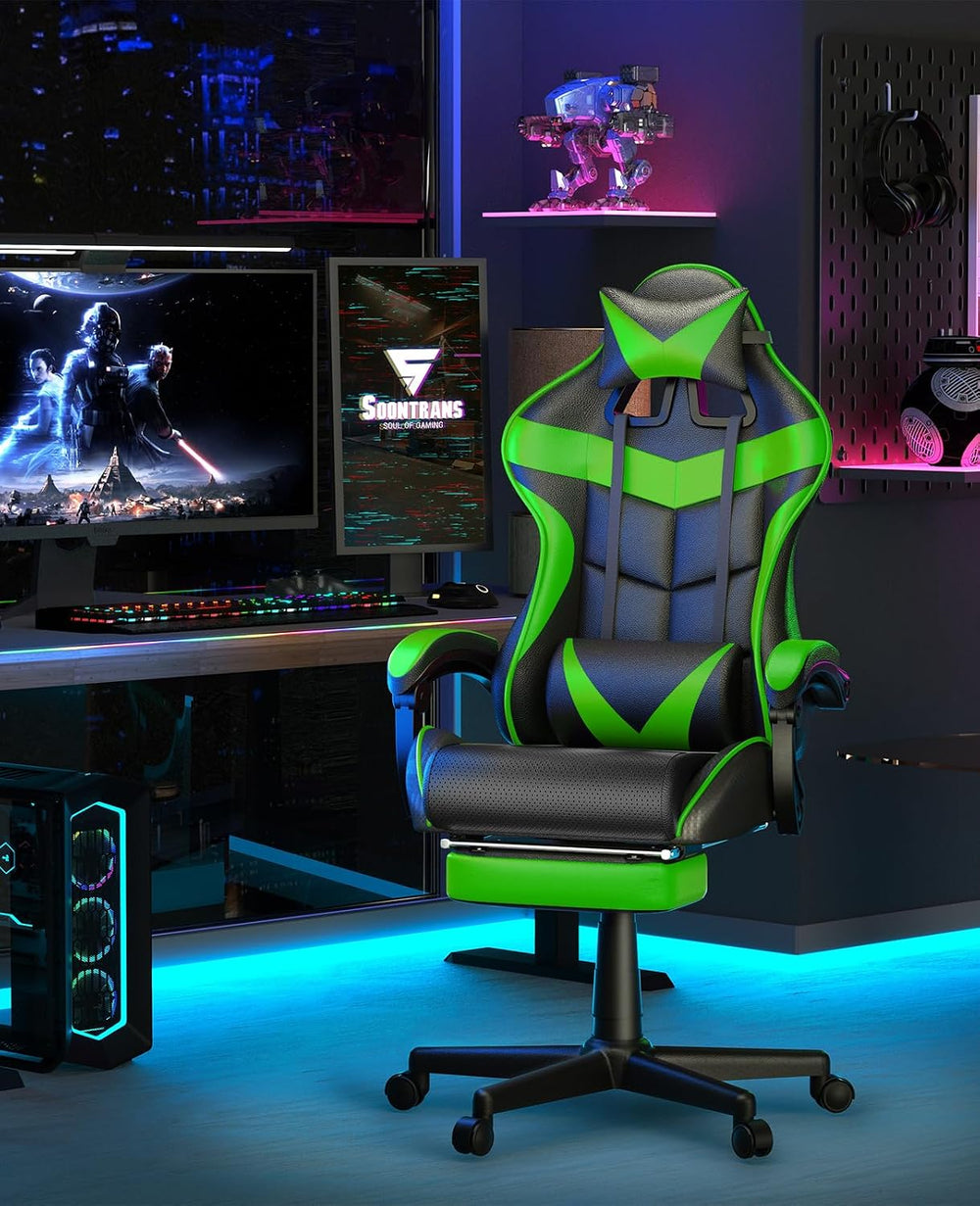 Soontrans Green Gaming Chair with Footrest,Racing Gaming Chair,Computer Gamer...