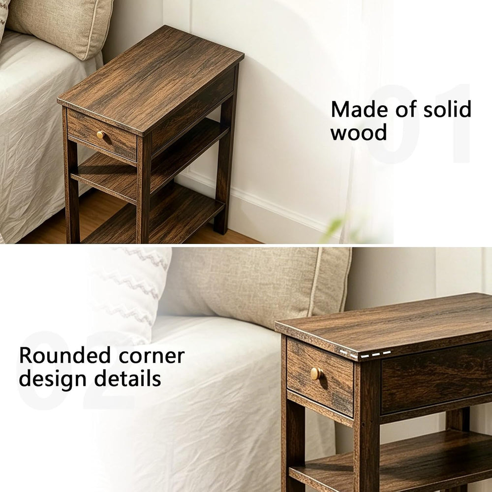 Solid Wood Narrow End Table with Drawer and 3-Tier Storage, Slim Nightstand f...