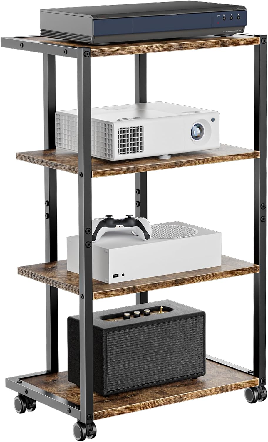 AV Media Stand with Wheels, 4-Tier Game Console Shelf