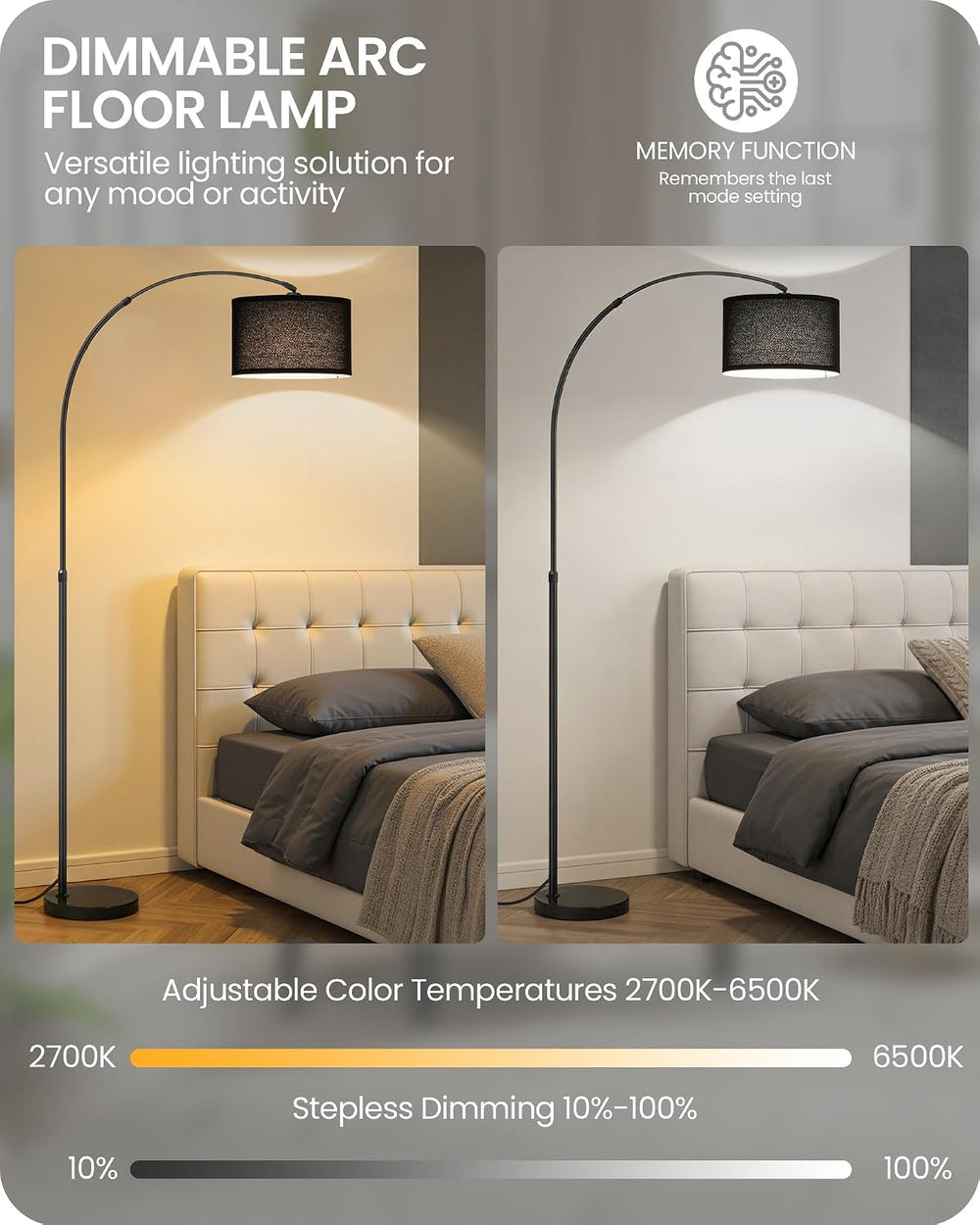 75" Dimmable Black Arc Floor Lamp with Marble Base and Adjustable Height