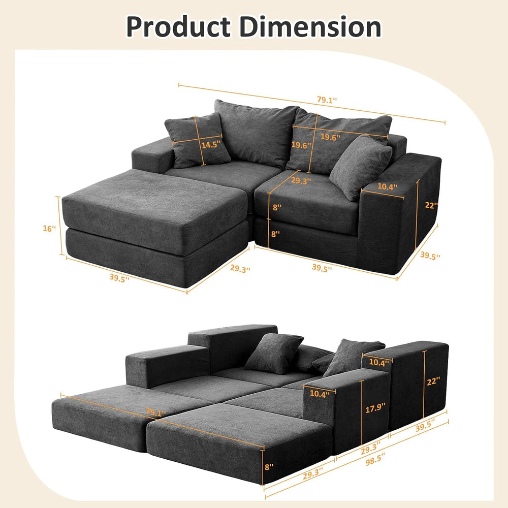 Modular Sectional Loveseat Cloud Sofa with Ottoman, Grey, 79''