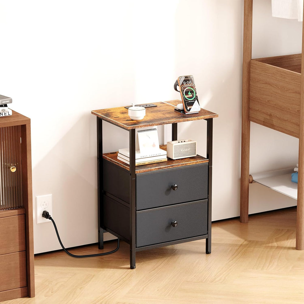 Nightstand with Charging Station, Bedside End Table with 2 Fabric Drawers for...