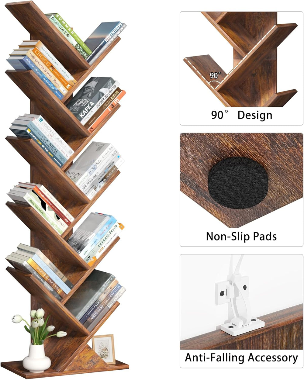 SHEEPAM 10 Tier Tree Book Shelf, Floor Standing Wood Bookshelf for Narrow Spa...