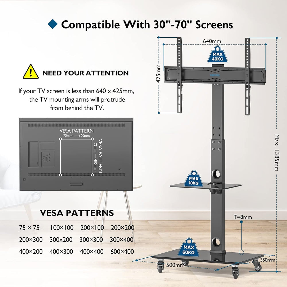 BONTEC TV Stand with Wheels for 30-70 Inch Plasma/LCD/LED Screens up to 40 kg...