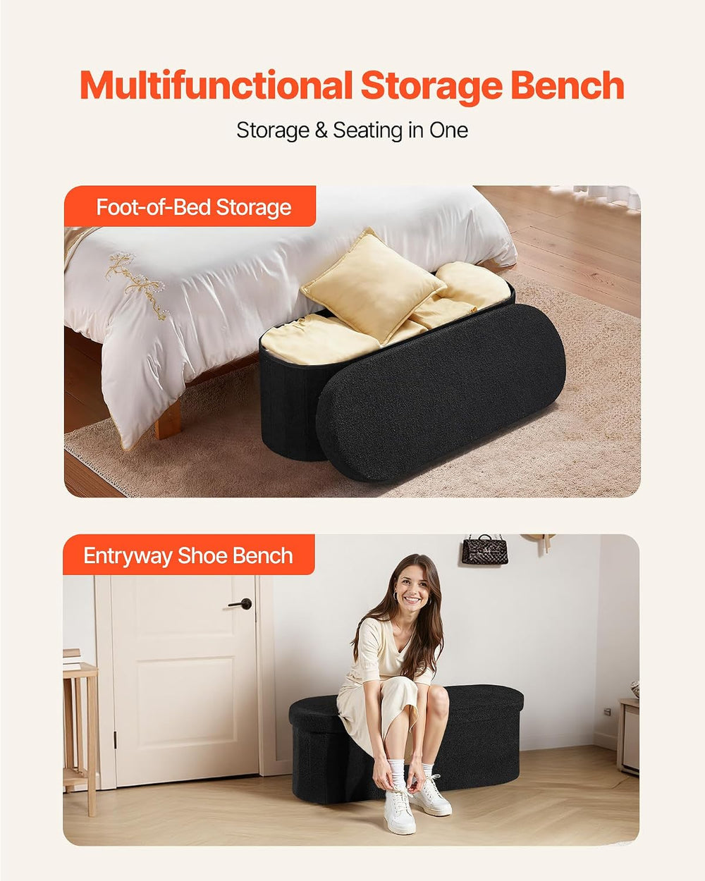 VEVOR Oval Storage Ottoman Bench, Foldable Teddy Fleece End of Bed Bench, Fol...