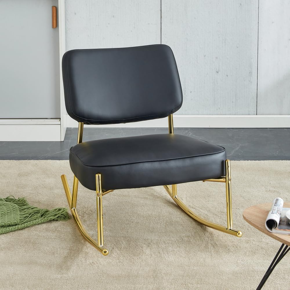 Modern Rocking Chair with PU Cushioned Seat, Black Backrest, Gold Metal Legs ...