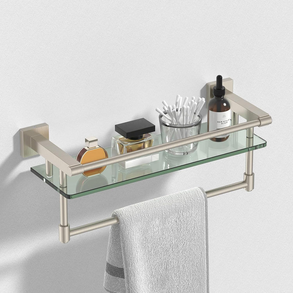 16-Inch Modern Glass Shelf with Towel Bar, 1-Shelf, Brushed Nickel Finish, Wa...