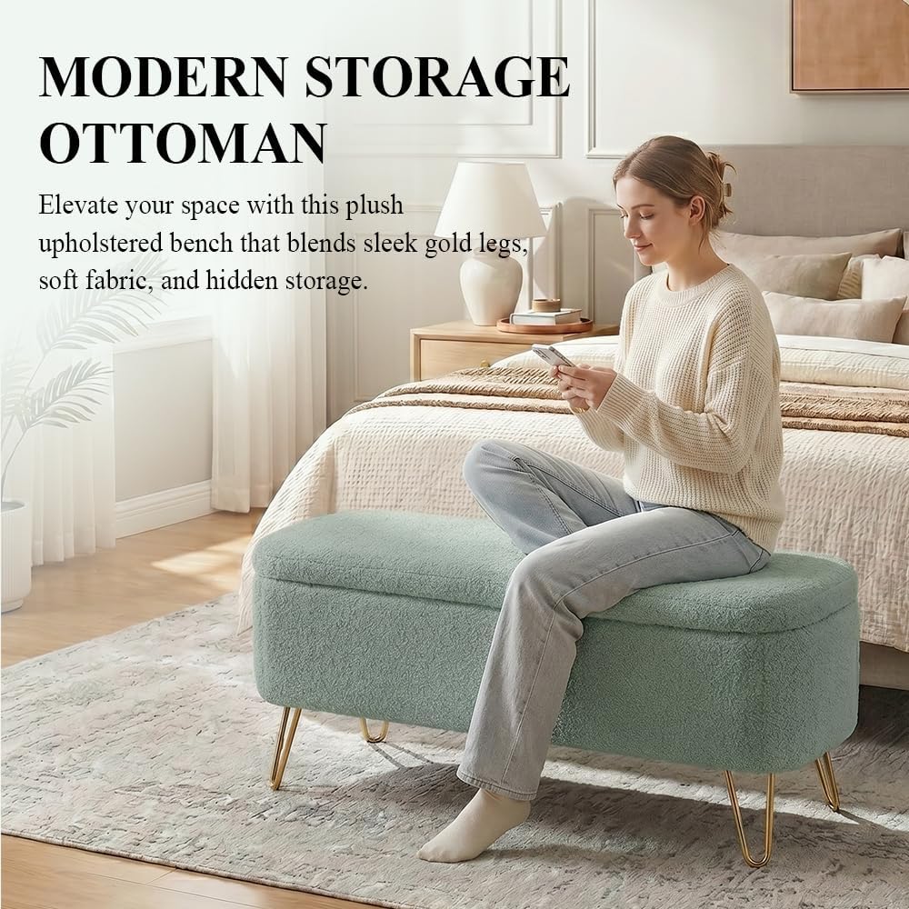 Modern Storage Ottoman Bench, Teddy Upholstered Entryway Bench with Gold Legs...