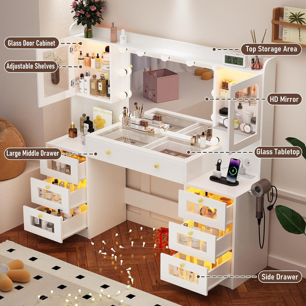 62 Inch Large Makeup Vanity Desk with Mirror and Lights 3 Color Lighting, Gla...