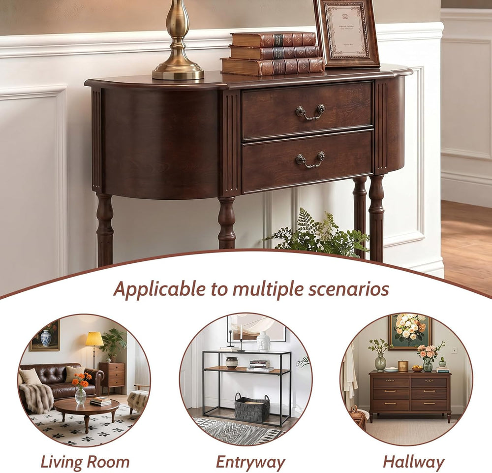 LKTART 43.3" Solid Wood Vintage Curved Console Table, Half Moon Sofa Tab...