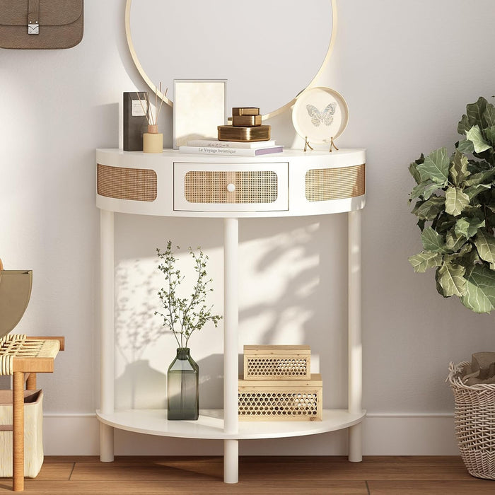 RowyPoey Rattan Half Moon Console Table, Modern Small Entryway Table