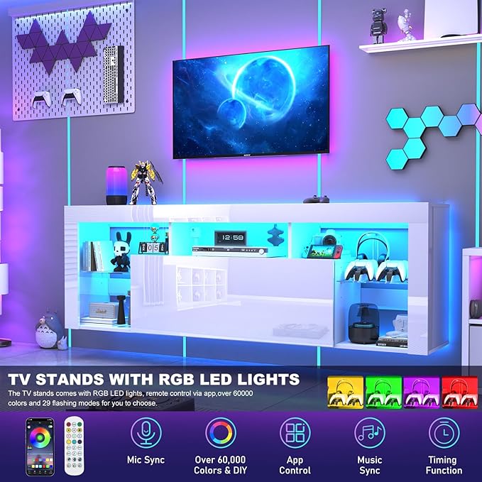 71" Floating High Gloss LED TV Stand for up to 85" TVs, Wall-Mounte...