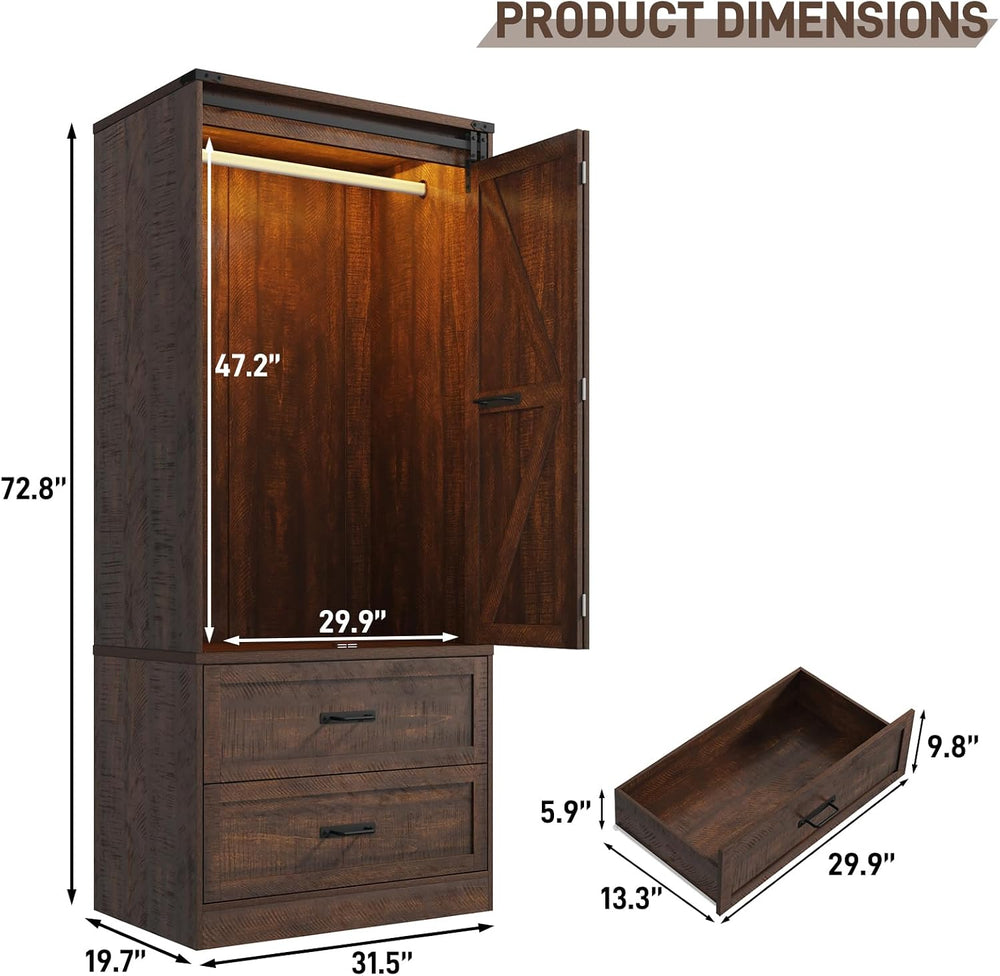 Farmhouse 2 Doors Armoire Wardrobe Closet w/ Folding Sliding Barn Door and Li...