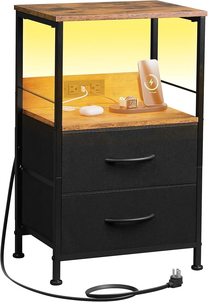 WLIVE Nightstand with Charging Station, LED Night Stand with 2 Fabric Drawers...